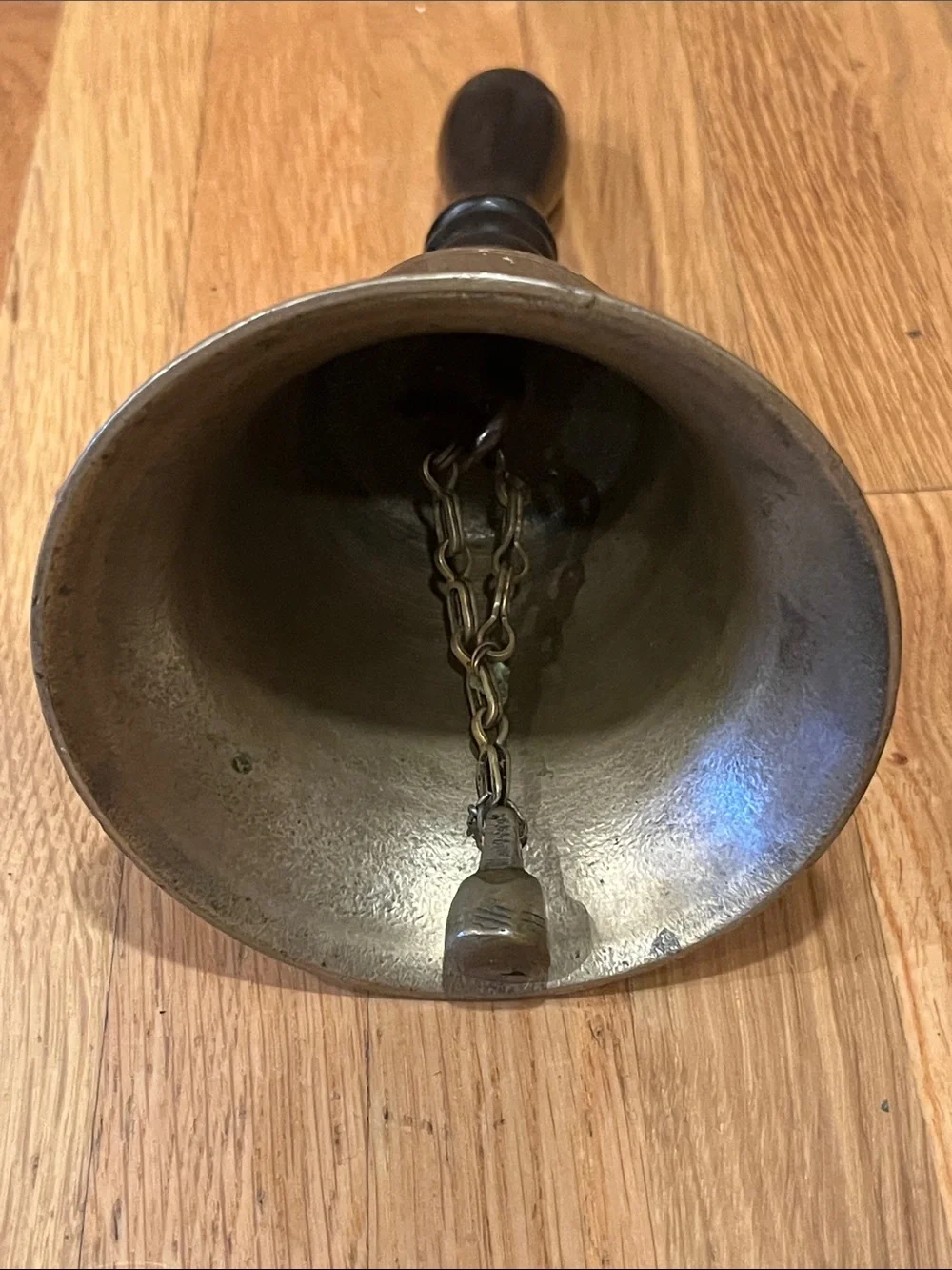 Vintage Brass Hand Bell with Dark Wood Handle